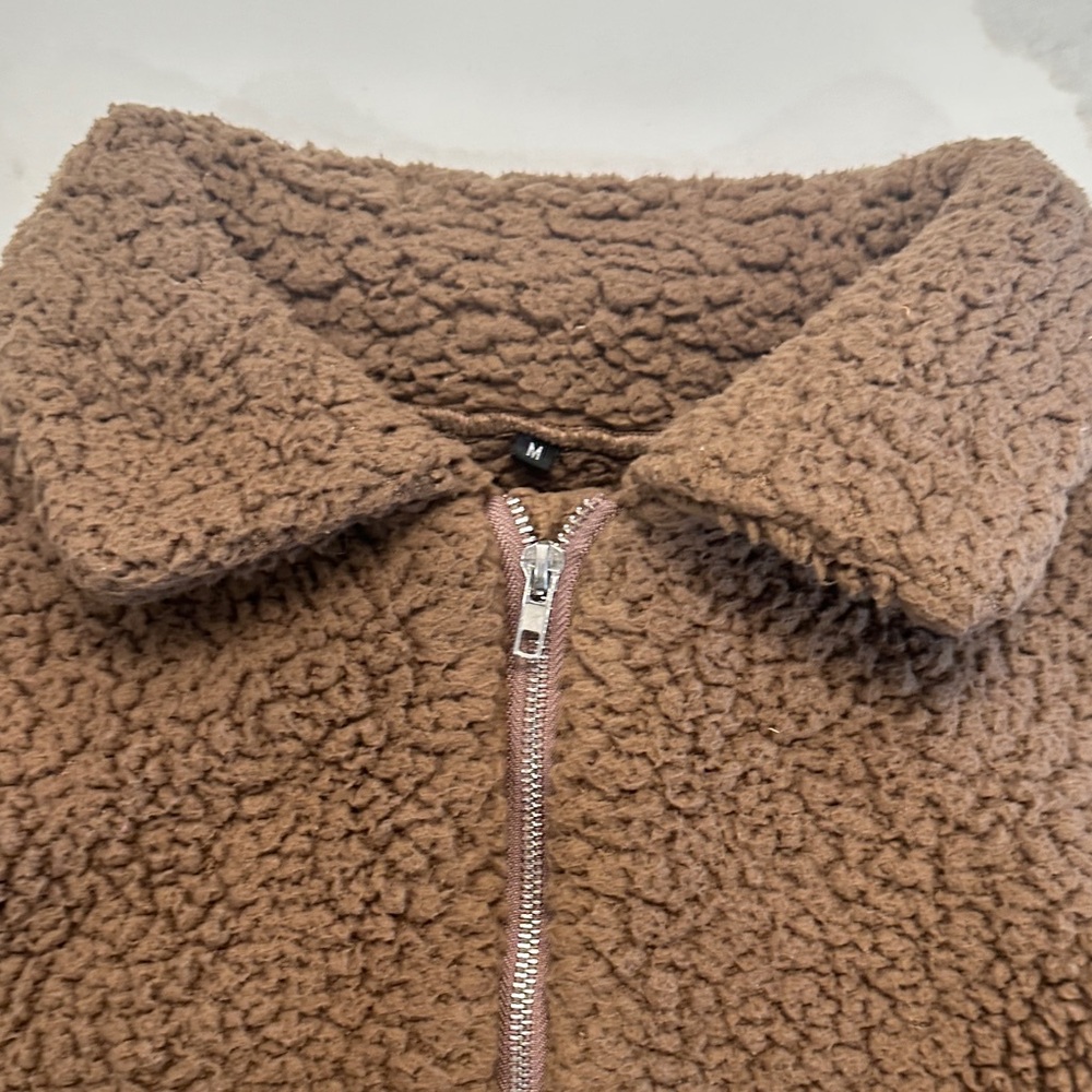 TEDDY BEAR JACKET Cozy Brown Sherpa zip pockets Layering Roomie Coat Sz M - Picture 11 of 12
